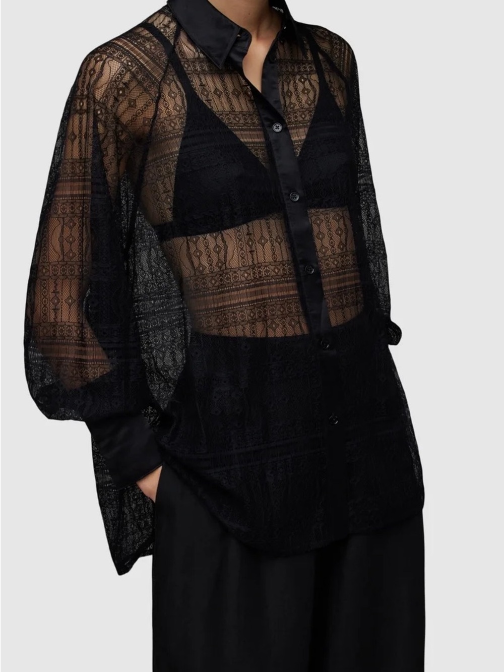 Jason Wu Sheer Lace Button-Down Shirt in Black